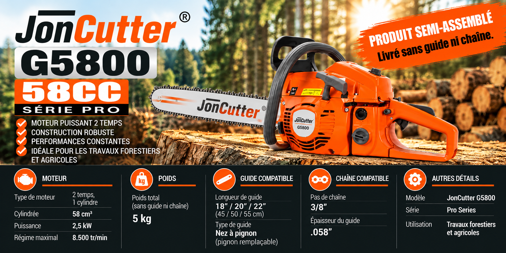 Drujba semiasamblata JonCutter G5800 58cc fara lama si lant